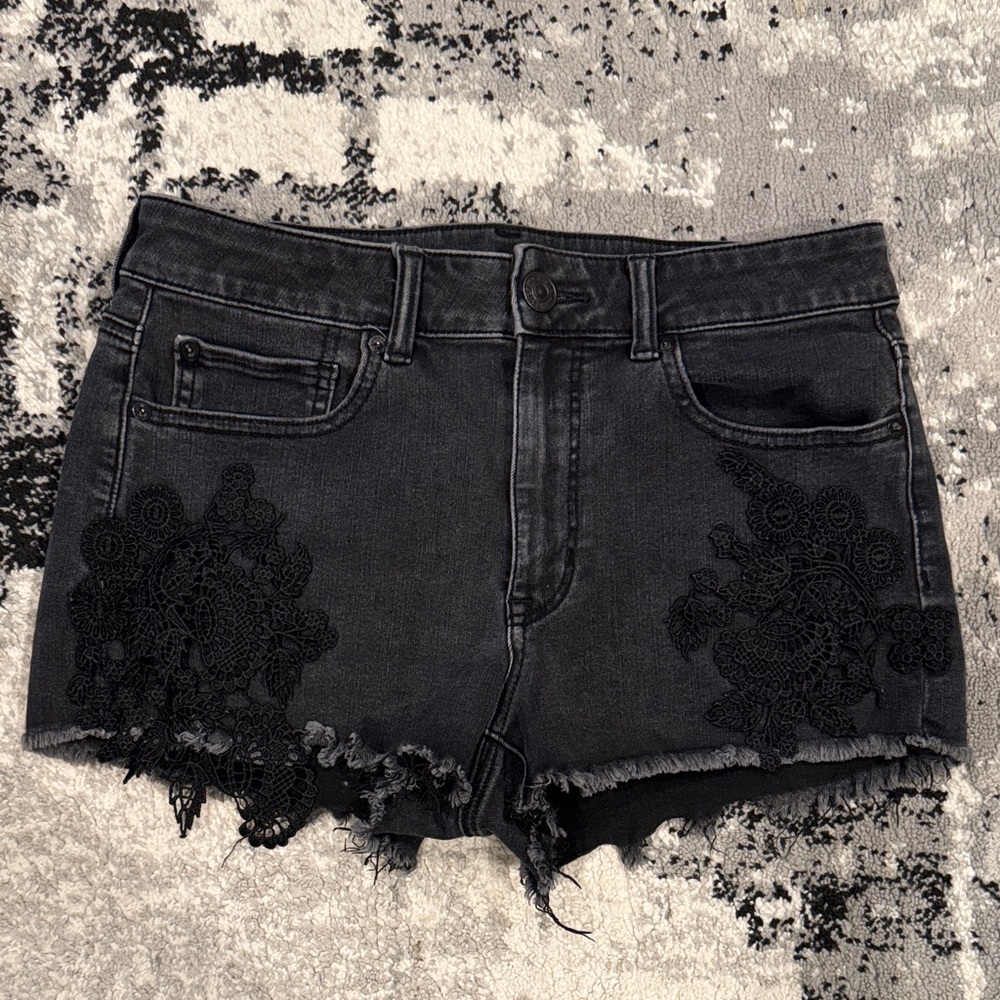 Black Lace Trim Denim Shorts